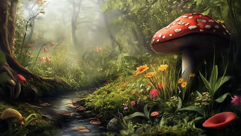 Giant ruby toadstool keeps gentle watch over a mossy stream