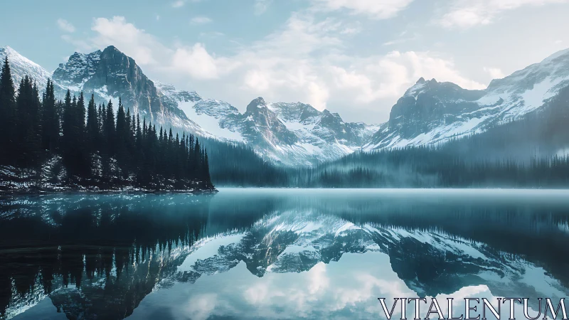Symmetric alpine lake reflection with snowbound conifer ridges