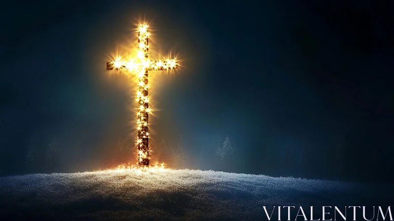 Radiant golden cross glows over a quiet snowy hillside.