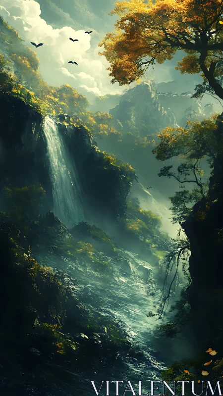 Digital painting of misty cascade in luminous forest gorge.