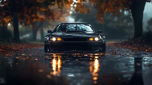 Low-slung performance coupe in wet autumn roadway reflection.