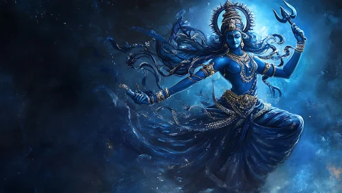 Celestial blue deity dances in swirling cosmic energy