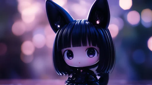 Chibi cat-eared doll glows softly against violet bokeh night