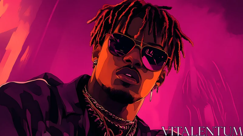 Neon magenta portrait with reflective shades and dreadlocks.