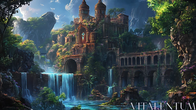 Ancient cliffside citadel overlooks luminous cascading falls.