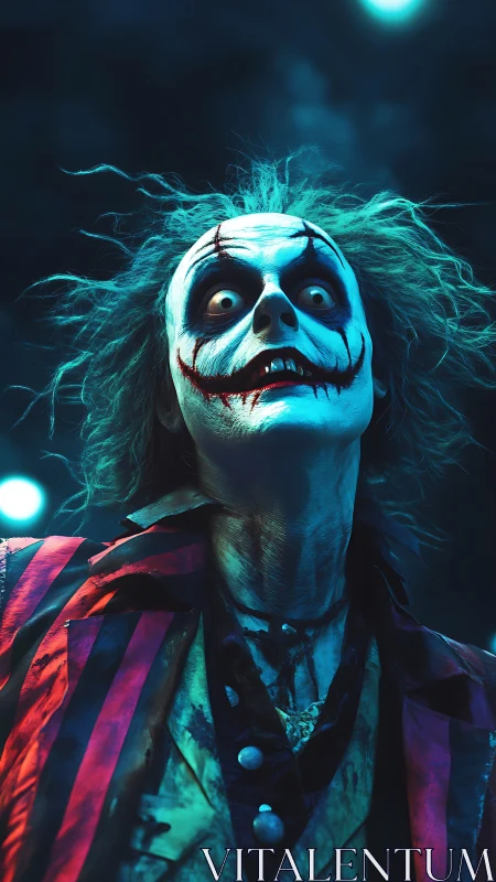 Photorealistic ghoul portrait with neon horror lighting design.