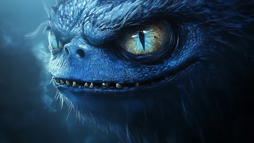 Bioluminescent blue dragon close-up with textured scales.