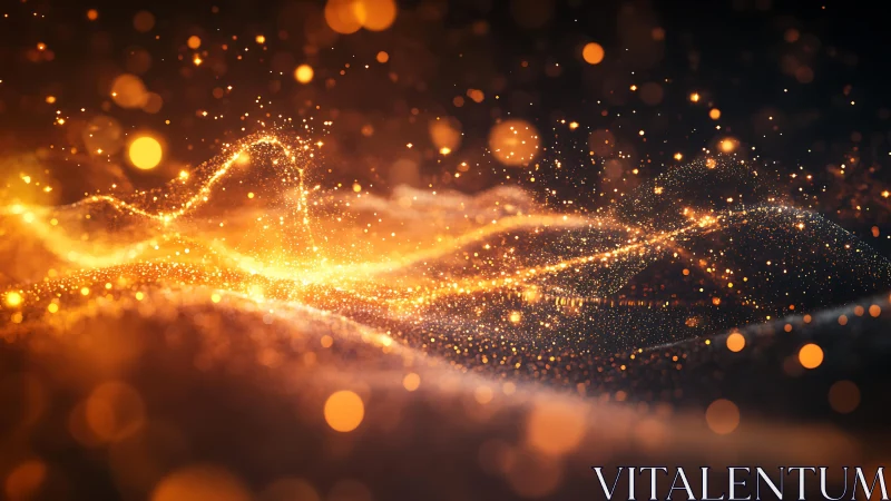 Glowing Abstract Particle Wave in Warm Golden Tones, Digital Art.