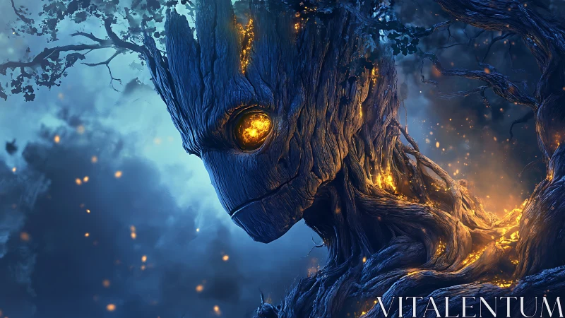 Tree-formed humanoid figure emits internal glowing embers