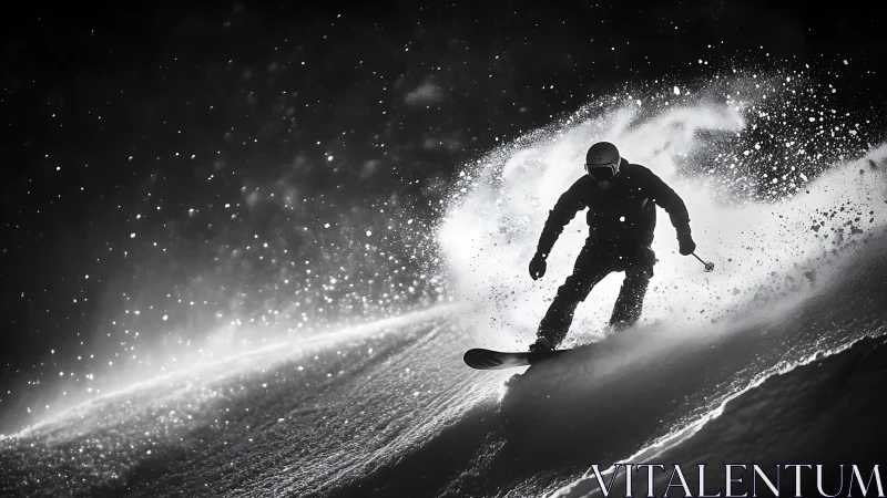 Powder-starred silhouette dances through a storm of frozen light