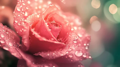 Rain-Kissed Pink Rose Blooming with Ethereal Glow