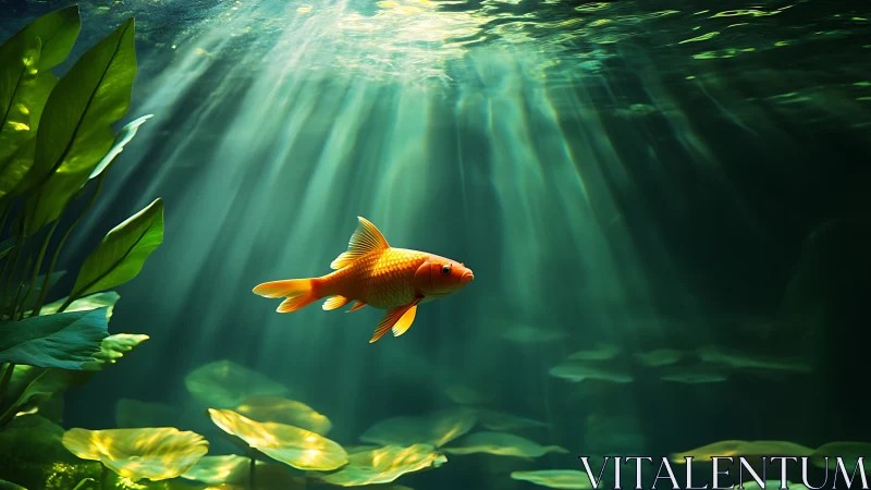 Golden fish glides through sunlit underwater pond scene.