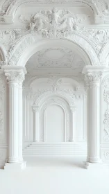 Dreamlike white palace archway dressed in quiet opulence.