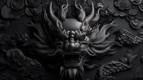 Monochrome dragon relief sculpture with flowing carved flames.
