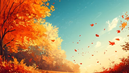 Golden autumn trees frame bright windy sky over valley