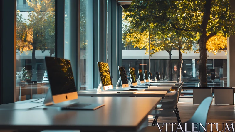 Modern glass-walled workstation row with backlit desktop screens.