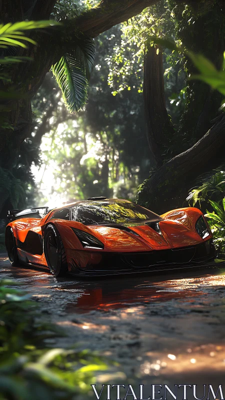 Crimson supercar resting quietly in a sunlit jungle trail.