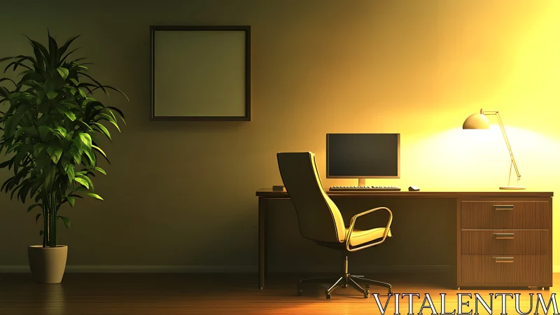 Minimalist home office glows in warm golden desk light.