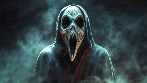 Spectral hooded wraith with elongated biomechanoid scream mask.