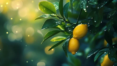 Lemon tree branch glows in dewy, golden bokeh light.