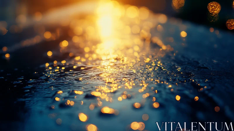 Specular bokeh on wet asphalt under grazing sunset illumination.