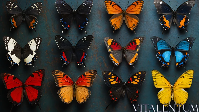 Colorful butterfly specimens in orderly grid display.