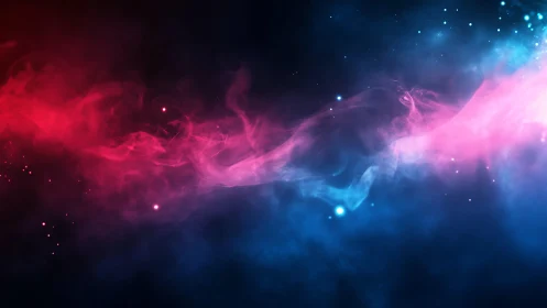 Cosmic nebula swirl in red and blue digital space art.