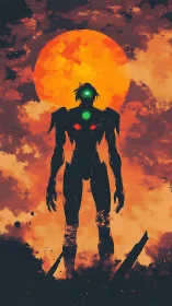 Silhouetted mech warrior stands against blazing red sun