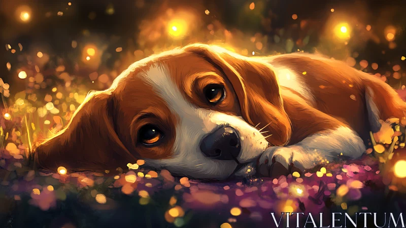 Sleepy beagle in glowing firefly meadow at golden dusk.