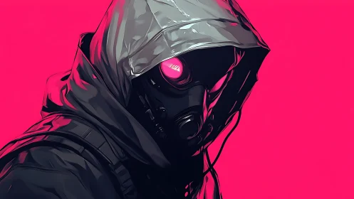 Neon-hooded gasmask rogue against blinding magenta void.