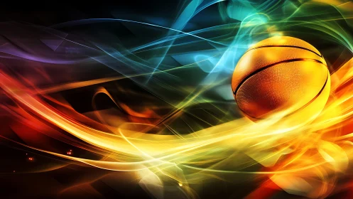Glowing basketball cuts through neon motion trails at speed.