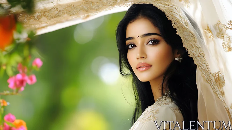 Photorealistic portrait bride under embroidered veil outdoors.