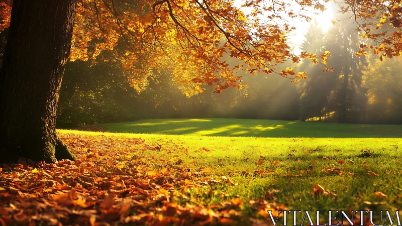 Golden autumn park lawn under sunrise rays glow.