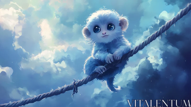 Blue-eyed baby monkey grips rope under glowing clouds.