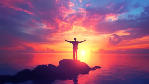 Sunrise embrace on molten watercolor horizon of hope.