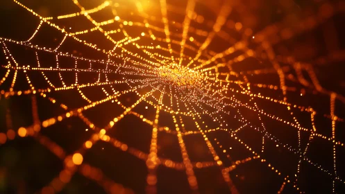 Glowing spiderweb sparkles like a golden galaxy at dawn