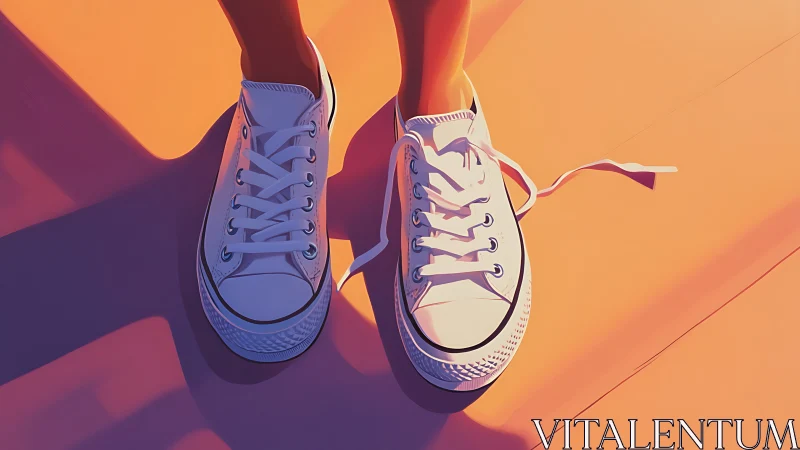 Sunlit white sneakers rendered in stylized warm digital lighting