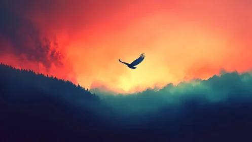 Silhouetted raptor crosses high-contrast sky gradient at dusk