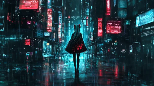 Neon rainwalker drifts through a cybernetic midnight maze.