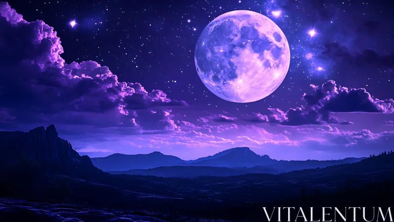 Luminous violet moonrise over stylized mountainous horizon.