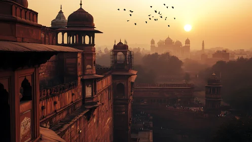 Sunset silhouettes crown historic Indian fortress skyline.