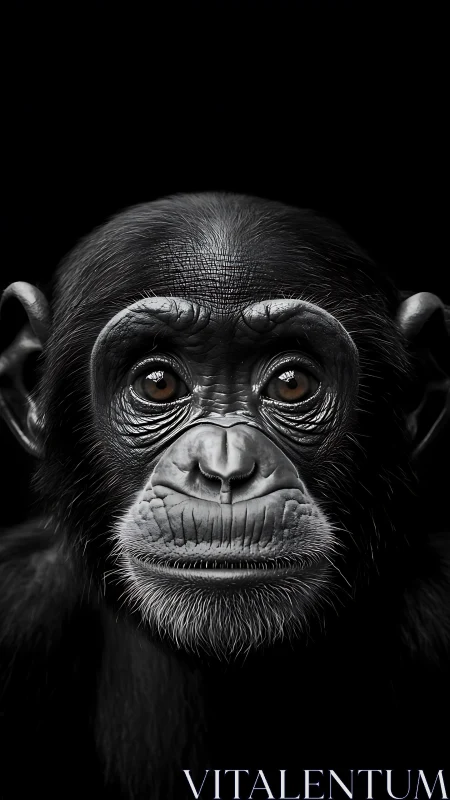 Chimpanzee portrait in stark black background closeup.