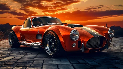 Sunset-burnished muscle coupe prowls the glowing horizon road.