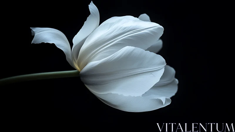 White Tulip with Curved Petals Against Dark Background