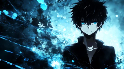 Brooding blue-eyed anime boy in swirling energy storm.