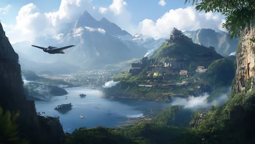 Digital painting of fortified mountain harbor with aircraft transit.