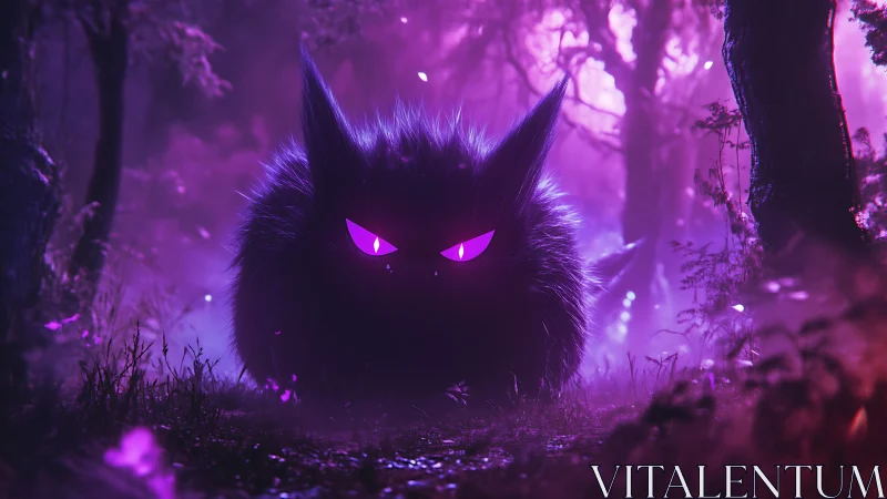 Furry spherical creature occupies a violet illuminated forest