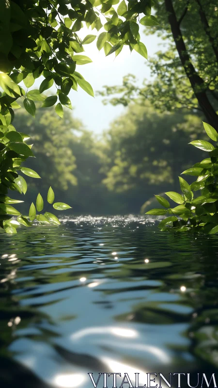 Sunlit forest pond with shimmering reflective water surface.