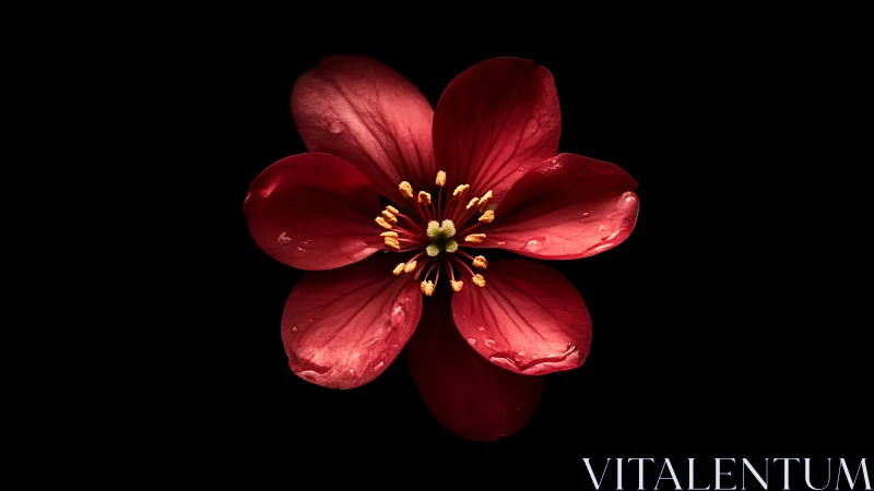 Deep Crimson Flower with Golden Stamens Against Black