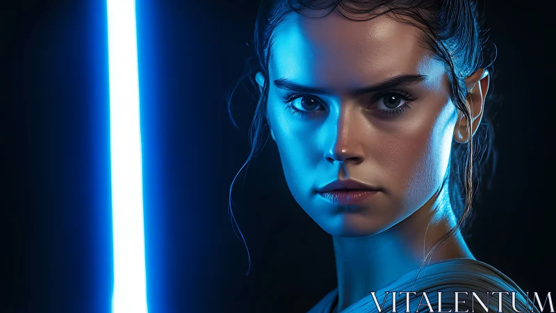 Young woman with glowing blue sword in dramatic light.